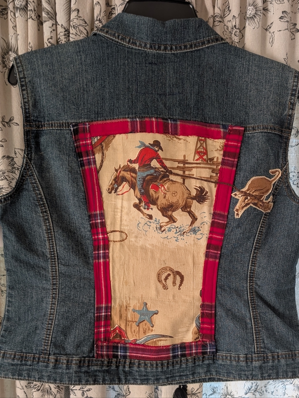 Hey, Cowboy! Western Cowgirl Vest man  roping steer, embellished denim, HANDMADE